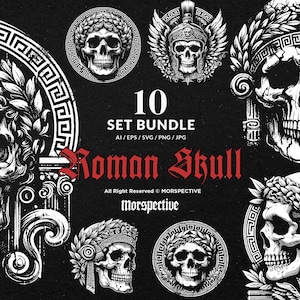 10 Pacote Dark Art Estátua de Caveira Romana Tatuagem de Guerreiro Espartano Grego Clipart Arquivo Digital Vetor Ai / Eps / Svg / Ilustração PNG
