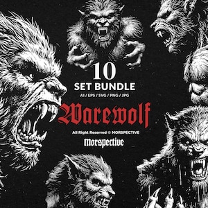 Puede incluir: Un conjunto de 10 ilustraciones en blanco y negro de hombres lobo en varias poses. Las ilustraciones son de estilo gráfico y presentan un pelaje detallado y dientes afilados. El texto "10 SET BUNDLE AI/EPS/SVG/PNG/JPG Warewolf All Right Reserved © MORSPECTIVE Morspective" está en la parte inferior de la imagen.
