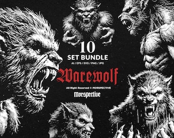 10 Bundle Dark Art Warewolf Monster Face Horror Tattoo Clipart Digital File Vector Ai / Eps / Svg / Png illustration