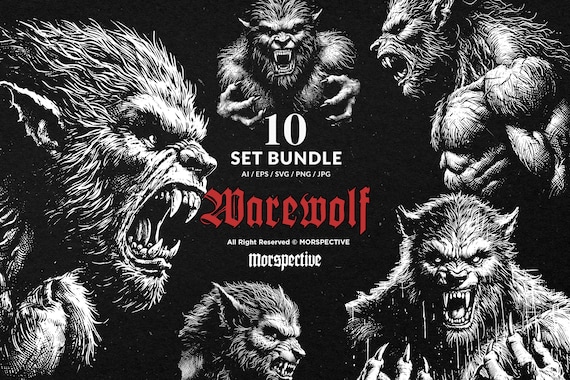 10 Bundle Dark Art Warewolf Monster Face Horror Tattoo Clipart Digital File Vector Ai / Eps / Svg / Png illustration