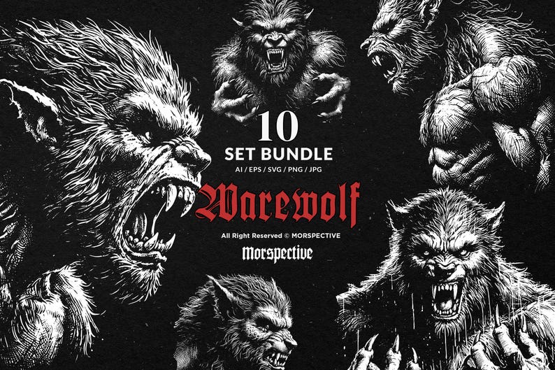 May include: A set of 10 black and white illustrations of werewolves in various poses. The illustrations are in a graphic style and feature detailed fur and sharp teeth. The text "10 SET BUNDLE AI/EPS/SVG/PNG/JPG Warewolf All Right Reserved &copy; MORSPECTIVE Morspective" is at the bottom of the image.