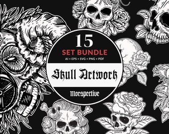 15 Set Bundle Dark Art Skull Bone Horror Tattoo Beast Sugar Skull SVG Skull Clipart Skull Vector Ai / Eps / Svg / Pdf / Png illustration