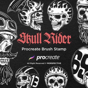 May include: A set of black and white Procreate brush stamps featuring skull riders wearing helmets. The text "Skull Rider" and "Procreate Brush Stamp" is displayed in red. The text "procreate" is displayed in blue and white.