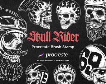 May include: A set of black and white Procreate brush stamps featuring skull riders wearing helmets. The text "Skull Rider" and "Procreate Brush Stamp" is displayed in red. The text "procreate" is displayed in blue and white.
