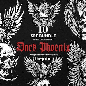 10 Bundle Dark Art Phoenix Bird Flamme Fire Animal Gothic Tattoo Clipart Digital File Vector Ai / Eps / Svg / Png illustration