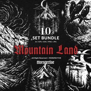 Puede incluir: Un conjunto de ilustraciones en blanco y negro con paisajes de montaña, que incluyen una cordillera, un río sinuoso y un lobo aullando. El texto dice "10 SET BUNDLE Mountain Land". La obra es de Morspective.