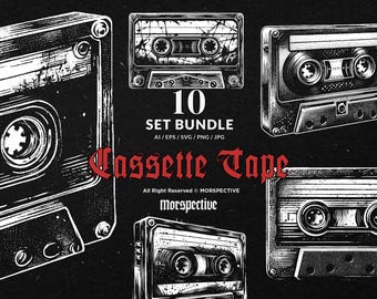 10 paquetes de cintas de casete de arte oscuro, tatuajes vintage clásicos, imágenes prediseñadas, archivos digitales, ilustraciones vectoriales Ai/Eps/Svg/Png