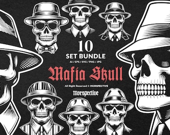 10 Bundle Dark Art Skull Mafia Head Hat and Collar Black and White Art Tattoo Clipart Digital File Vector Ai / Eps / Svg / Png illustration