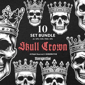 10 Bundle Dark Art Skull Head King Crown Black and White Illustration Tattoo Clipart Digital File Vector Ai / Eps / Svg / Png illustration