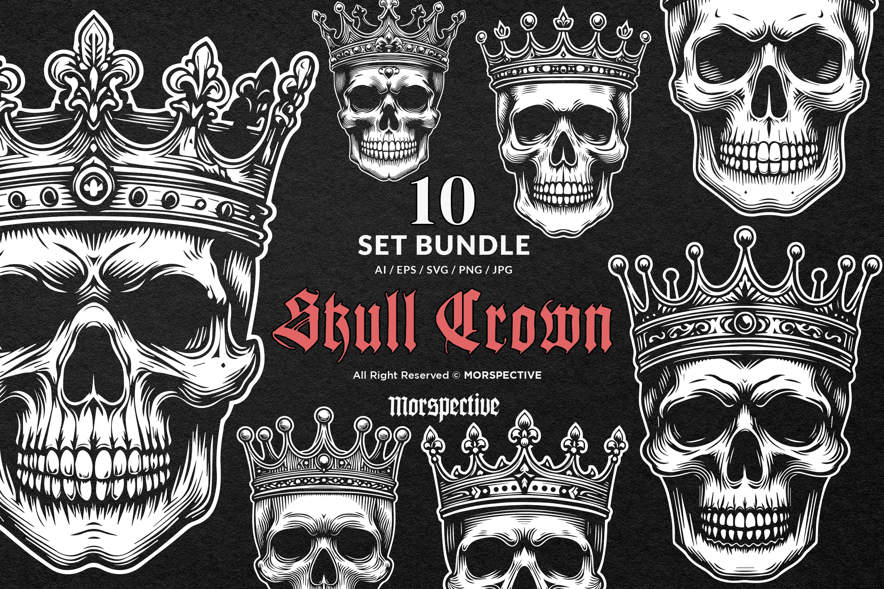 10 Bundle Dark Art Skull Head King Crown Black and White Illustration ...