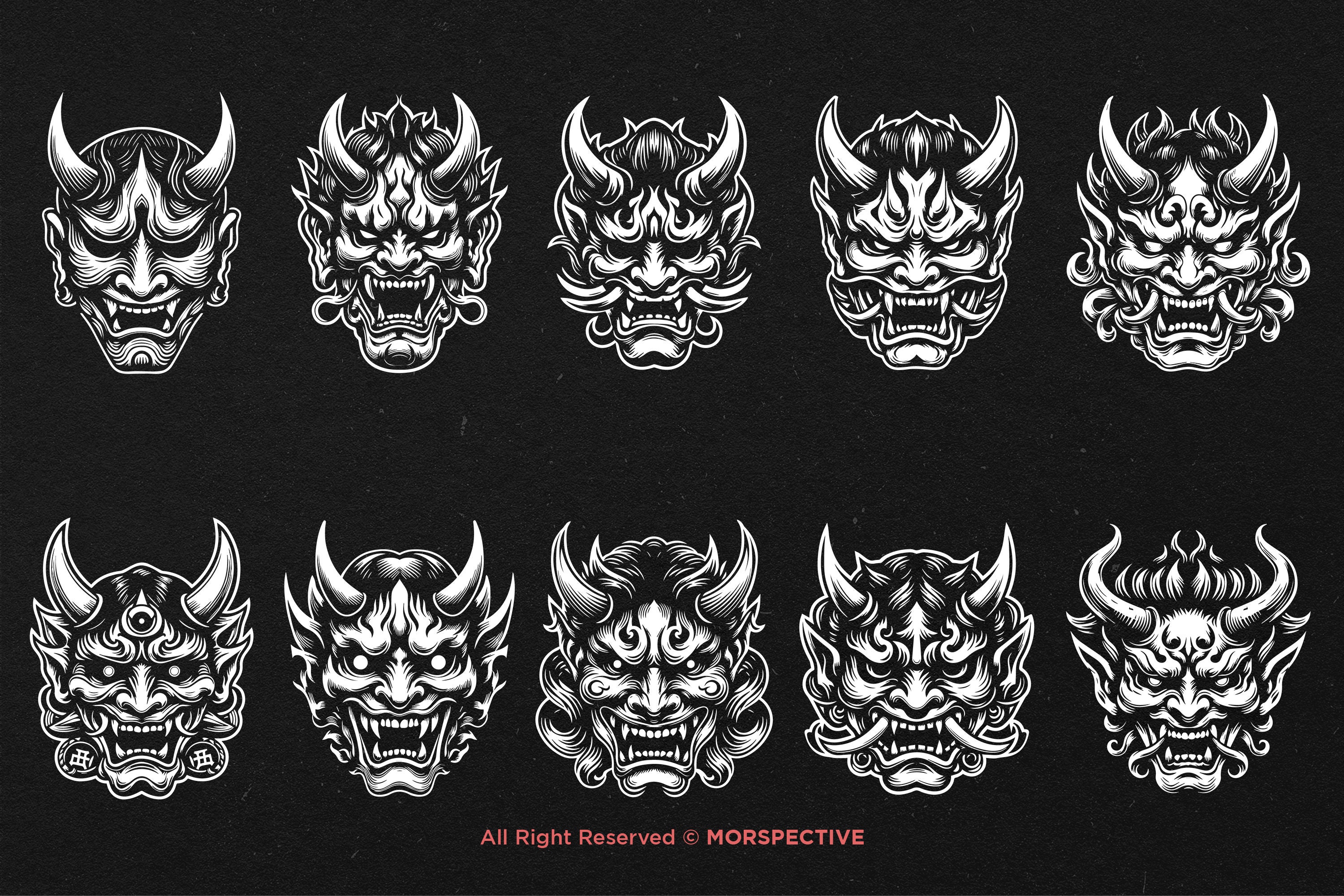 10 Bundle Dark Art Scary Japanese Hannya Mask Black White