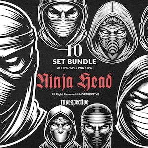 10 Bundle Dark Art Mysterious Japan Ninja Head Black and White Tattoo Clipart Digital File Vector Ai / Eps / Svg / Png illustration
