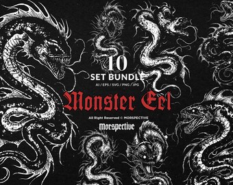 10 Bundle Dark Art Monster Eel Dragon Serpent Legend Beast Ocean Tattoo Clipart Digital File Vector Ai / Eps / Svg / Png illustration