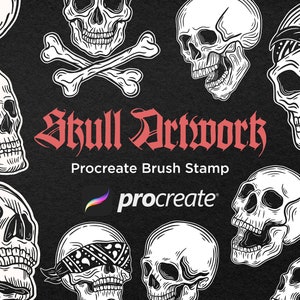 May include: A set of 9 black and white skull illustrations with various expressions and details, including a skull with a bandana, a skull with a blindfold, and a skull with crossed bones. The text "Skull Artwork" and "Procreate Brush Stamp" is displayed in red. The Procreate logo is also visible.