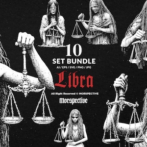 10 Bundle Dark Art Libra Women Scales Zodiac Skull Gothic Horror Tattoo Clipart Digital File Vector Ai / Eps / Svg / Png illustration