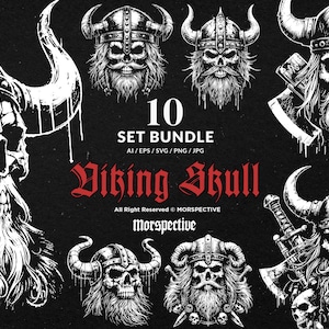 Może przedstawiać: Zestaw 10 ilustracji wektorowych przedstawiających czaszki wikingów w różnych pozach, z rogami i hełmami. Ilustracje są w czerni i bieli i mają szczegółowy, misterny styl. Tekst "10 SET BUNDLE AI/EPS/SVG/PNG/JPG Viking Skull All Right Reserved © MORSPECTIVE Morspective" znajduje się na dole obrazu.