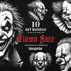 10 Bundle Dark Art Clown Scary Face Halloween Creepy Evil Joker Tattoo Clipart Digital File Vector Ai / Eps / Svg / Png illustration