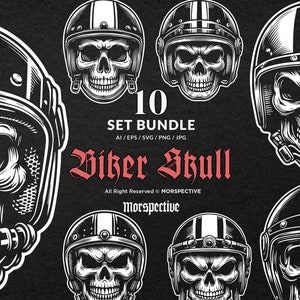 10 Bundle Dark Art Biker Skull Head with Helm Black White Illustration Tattoo Clipart Digital File Vector Ai / Eps / Svg / Png illustration