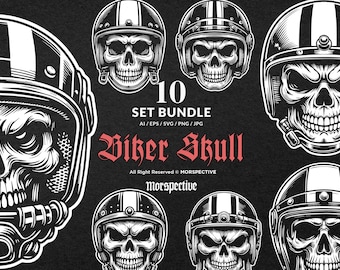 10 Bundle Dark Art Biker Skull Head with Helm Black White Illustration Tattoo Clipart Digital File Vector Ai / Eps / Svg / Png illustration