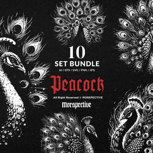 10 Bundle Dark Art Peacock Bird Beautiful poulty Tattoo Clipart Digital File Vector Ai / Eps / Svg / Png illustration