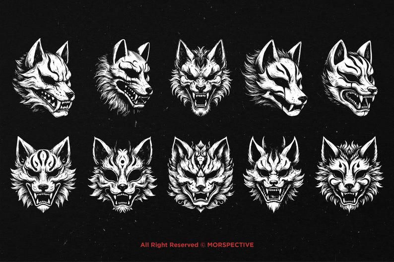 10 Bundle Dark Art Kitsune Mask Japanese Fox Geisha Tattoo Clipart ...