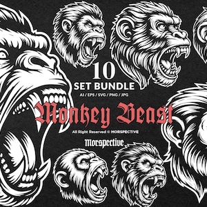 May include: A black and white illustration set featuring ten different monkey faces with open mouths and bared teeth. The text "10 SET BUNDLE" and "Monkey Beast" is also included.