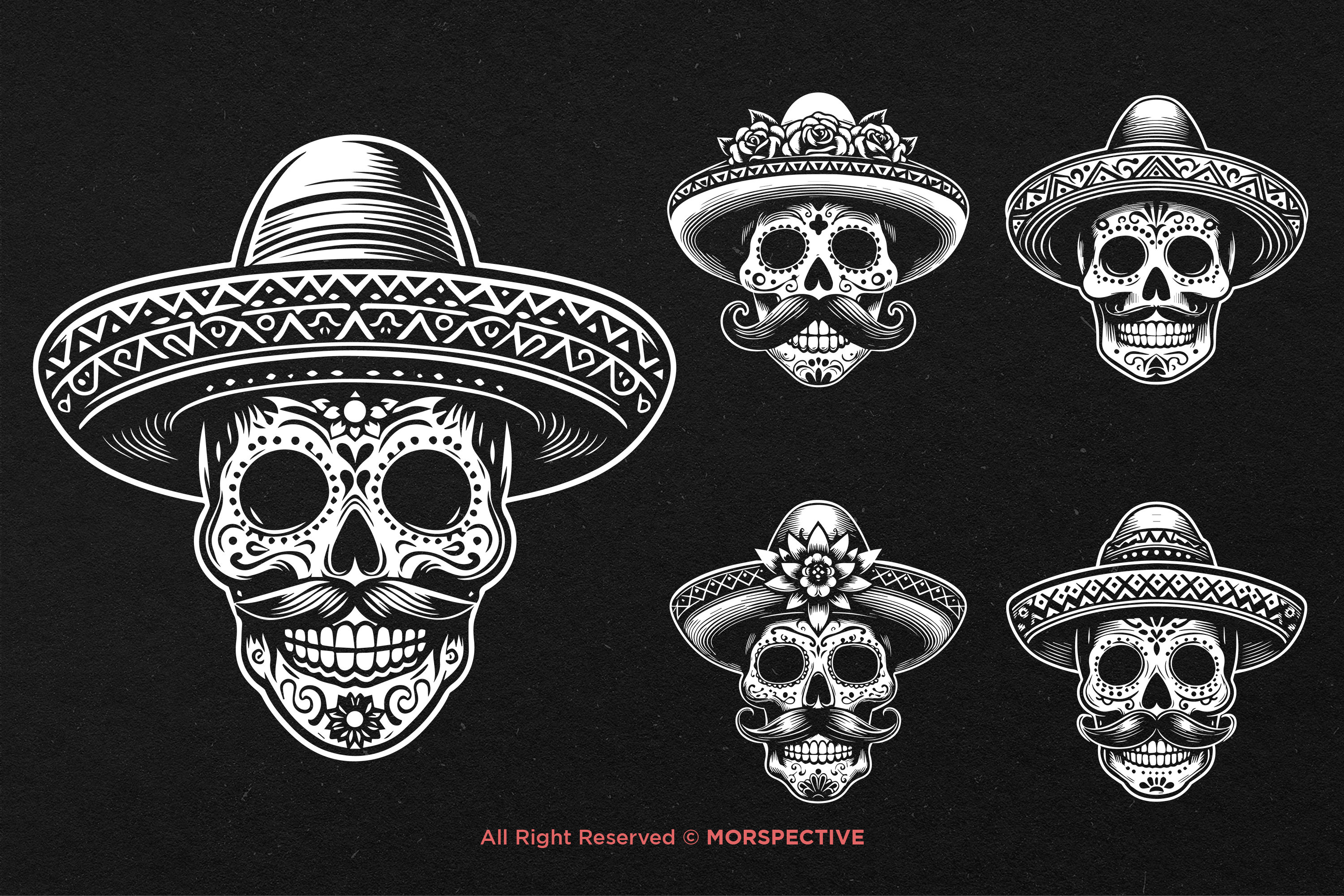 10 Bundle Dark Art Mexican Skull Head With Traditional Hat Black White ...