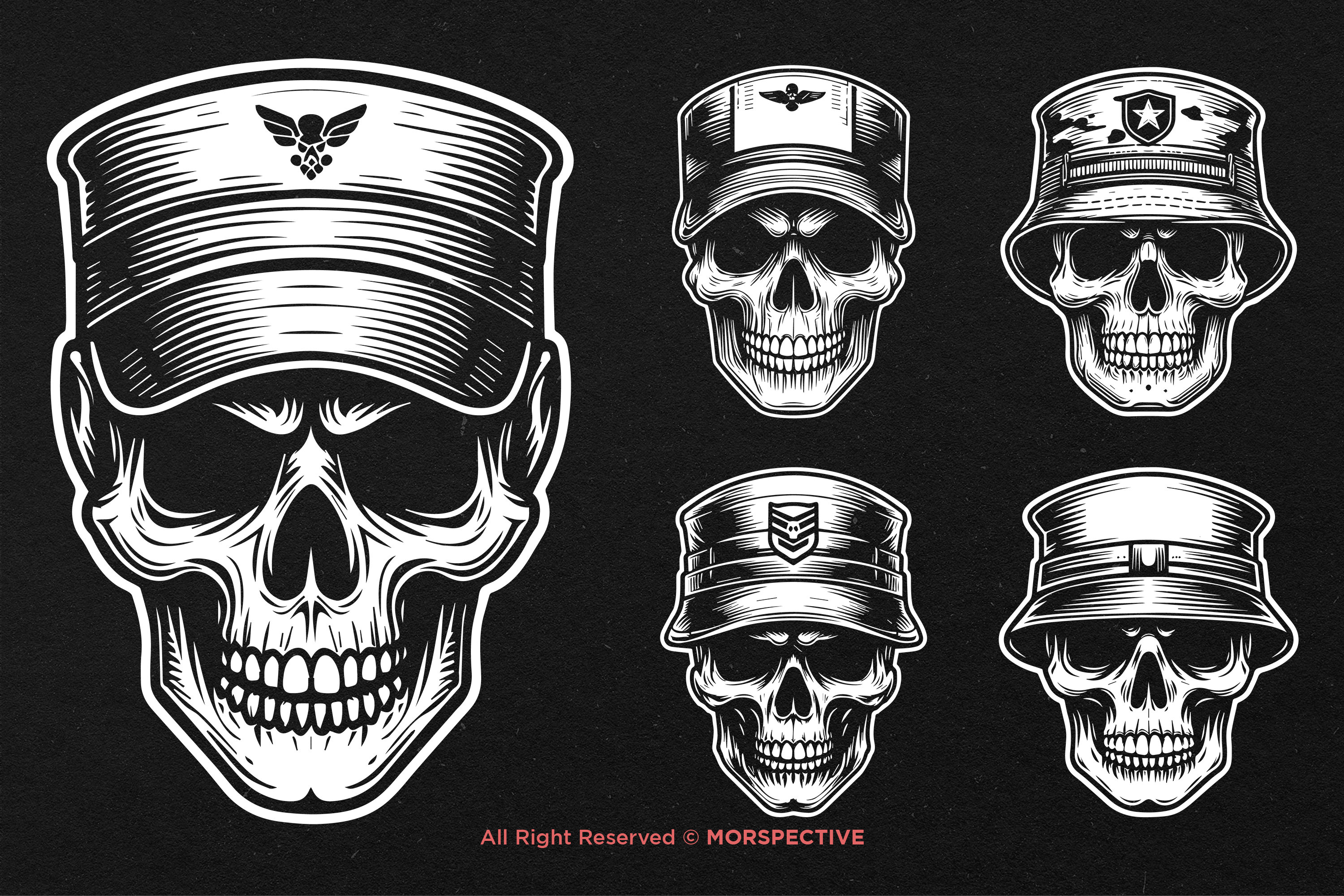 10 Bundle Dark Art Army Skull Head With Army Hat Illustration