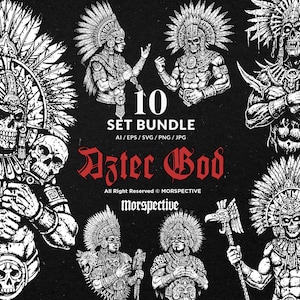 Könnte beinhalten: Ein schwarz-weißes Illustrationsset mit zehn Azteken-Gott-Designs. Die Bilder zeigen skelettartige Figuren, die mit Federhauben und aufwendiger Körperpanzerung geschmückt sind. Der Text lautet "10 SET BUNDLE Aztec God".