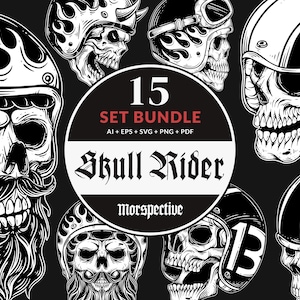 15 Set Bundle Skull Rider Bikers Retro Vintage Tattoo Helmet Motorcycle Custom Clipart Digital File Ai / Eps / Svg / Pdf / Png illustration