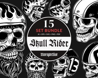 May include: A set of 15 black and white illustrations of skull riders wearing helmets. The illustrations are in a vintage style and feature skulls with different expressions. The text "15 SET BUNDLE AI + EPS + SVG + PNG + PDF Skull Rider Morspective" is displayed in the center of the image.