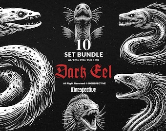10 Bundle Dark Art Eel Aquatic Fish Tail Electric Snake hand drawn Tattoo Clipart Digital File Vector Ai / Eps / Svg / Png illustration