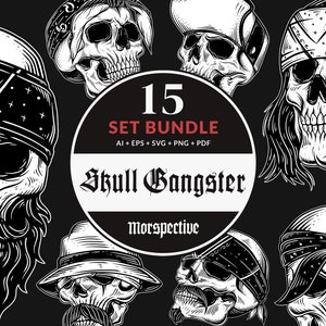 15 Set Bundle Skull Head Face Gangster Mafia Tattoo Vintage Dark Artwork Clipart Digital File Vector Ai / Eps / Svg / Pdf / Png illustration