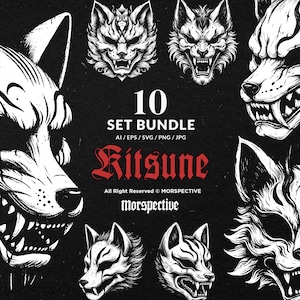 Puede incluir: Un conjunto de 10 ilustraciones en blanco y negro de kitsune, espíritus de zorro míticos japoneses. Las ilustraciones están en un estilo gráfico y presentan diversas poses y expresiones. El texto "10 SET BUNDLE AI/EPS/SVG/PNG/JPG Kitsune All Right Reserved © MORSPECTIVE Morspective" está incluido en la imagen.
