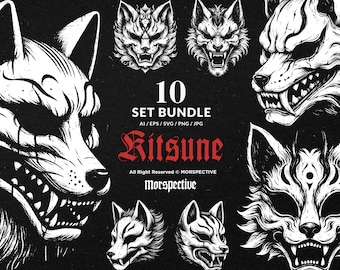 10 Bundle Dark Art Kitsune Mask Japanese Fox Geisha Tattoo Clipart Digital File Vector Ai / Eps / Svg / Png illustration