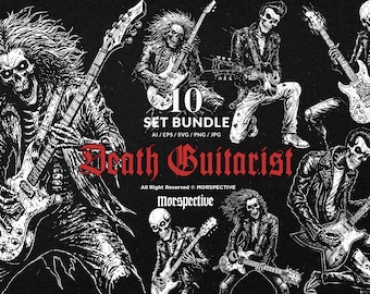 10 Bundle Dark Art Death Guitarist Skull Rock n Roll Music Band Tattoo Clipart Digital File Vector Ai / Eps / Svg / Png illustration