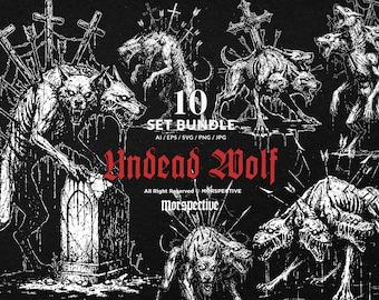 10 Bundle Dark Art Undead Wolf Zombie Vampire Skull Beast Skeleton Curse Tatto Clipart Digital File Vector Ai / Eps / Svg / Png illustration