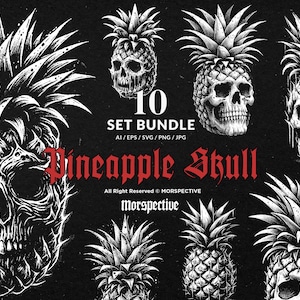 Op de afbeelding: Een zwart-wit illustratie met tien ananasontwerpen, waaronder ananasschedels. De afbeelding bevat gedetailleerde tekeningen van ananassen en schedels. Tekst luidt "10 SET BUNDLE Pineapple Skull" met bestandsinfo en de naam van de artiest.
