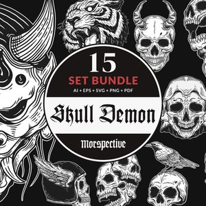 15 Set Bundle Skull Dark Art Bone Horror Tattoo Vintage Silhouette Clipart Digital File Vector Ai / Eps / Svg / Pdf / Png illustration