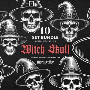 May include: A set of ten black and white illustrations of witch skulls wearing pointed hats. The illustrations are in a vintage style and are perfect for Halloween or gothic decor.