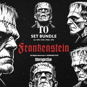 Pode incluir: Um conjunto de ilustrações a preto e branco com o monstro de Frankenstein. A imagem inclui o texto "10 SET BUNDLE" e a palavra "Frankenstein" em letras góticas vermelhas. A obra de arte é de Morspective.