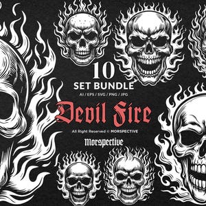 Puede incluir: Un conjunto de 10 ilustraciones digitales de calaveras con llamas. Las calaveras son blancas y las llamas son blancas y negras. El texto "10 SET BUNDLE AI/EPS/SVG/PNG/JPG Devil Fire All Right Reserved MORSPECTIVE Morspective" está en la parte inferior de la imagen.