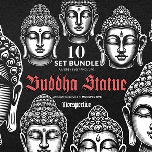 10 Bundle Dark Art Ancient Buddha Statue Head Black White Illustration Tattoo Clipart Digital File Vector Ai / Eps / Svg / Png illustration