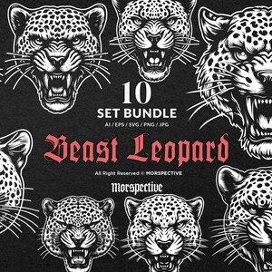 May include: A set of 10 black and white illustrations of a leopard's head in various poses. The text "10 SET BUNDLE AI/EPS/SVG/PNG/JPG Beast Leopard All Right Reserved © MORSPECTIVE Morspective" is at the bottom of the image.