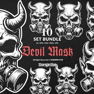 10 Bundle Dark Art Scary Devil Gas Mask Head Black and White Tattoo Clipart Digital File Vector Ai / Eps / Svg / Png illustration