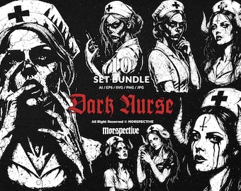 10 Bundle Dark Art Nurse Girl Zombie Devil Demon Hospital Death Horror Tattoo Clipart Digital File Vector Ai / Eps / Svg / Png illustration