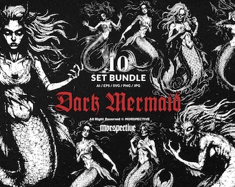 10 Bundle Dark Art Mermaid Girl Women Siren Sea Myth Fish Skull Horror Tattoo Clipart Digital File Vector Ai / Eps / Svg / Png illustration