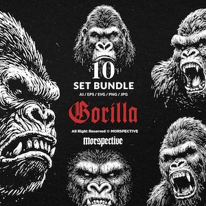 May include: A black and white illustration set featuring multiple detailed drawings of gorillas. The image includes the text "10 SET BUNDLE" and "Gorilla" in a stylized font. The artwork is a digital design.
