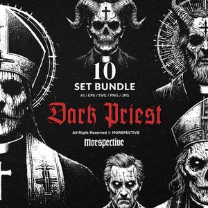 May include: A set of 10 digital illustrations featuring dark priests with crosses and horns. The illustrations are in black and white and have a gothic style.