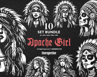 10 Bundle Dark Art Skull Indian Apache Girl Vintage Grunge Clipart Tattoo Style Digital File Vector Ai / Eps / Svg / Png illustration